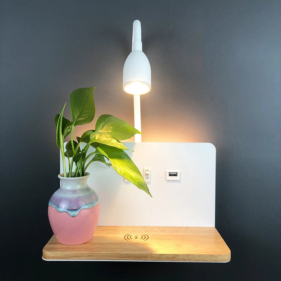 DeskGlow Wall Lamp — Bedside LED Light with Wireless Qi Charging, USB Port & Shelf, Plug-In