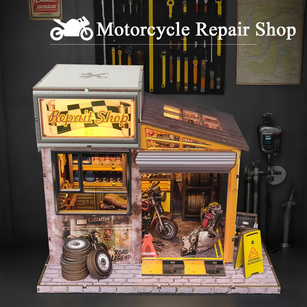 Motorcycle Repair Shop DIY Miniature House Kit