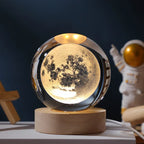 Crystal Ball Night Light 2.4 inch, 3D Galaxy Moon Saturn Lamp with Wood Base, Warm 3000K, Gift