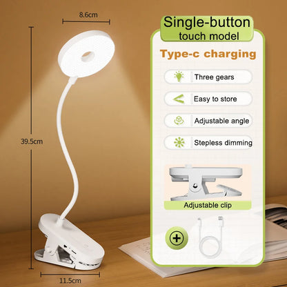 ClipGlow Rechargeable LED Desk Lamp — Clip-On, Touch Control, Dimmable, USB-C, Eye Care