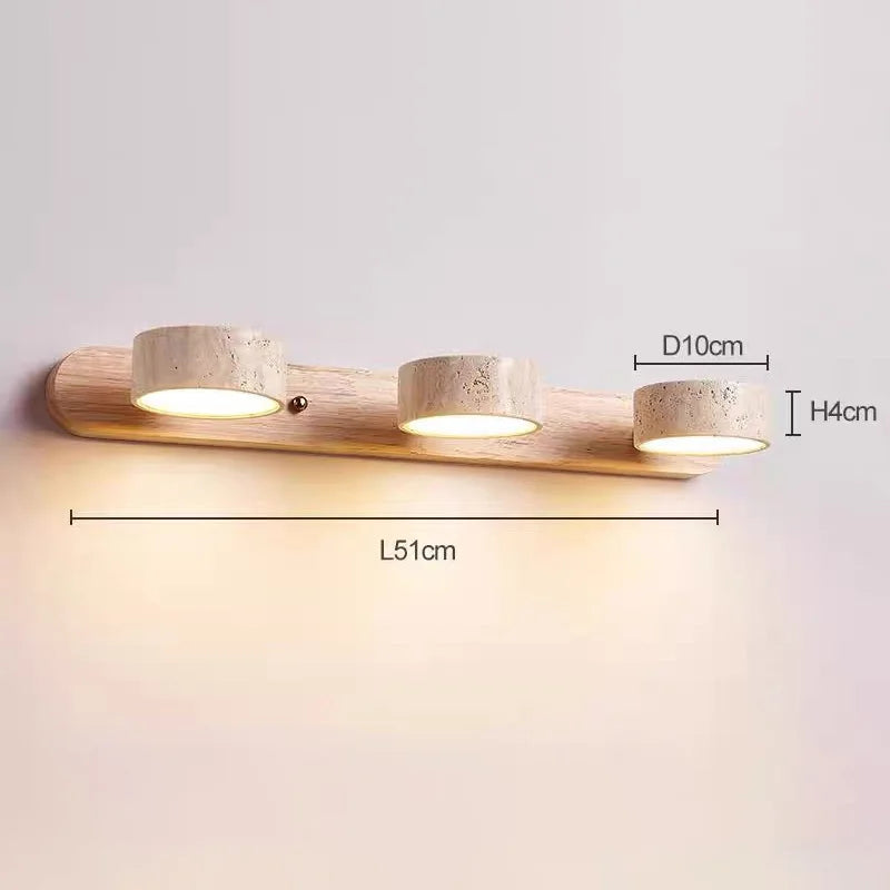 StoneBar Travertine Wall Light — Wood & Stone LED Vanity Bar, 2/3/4 Heads, Wabi-Sabi
