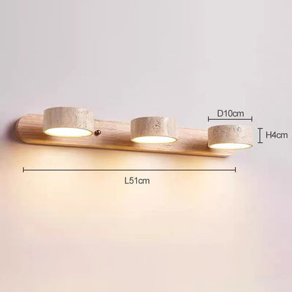 StoneBar Travertine Wall Light — Wood & Stone LED Vanity Bar, 2/3/4 Heads, Wabi-Sabi