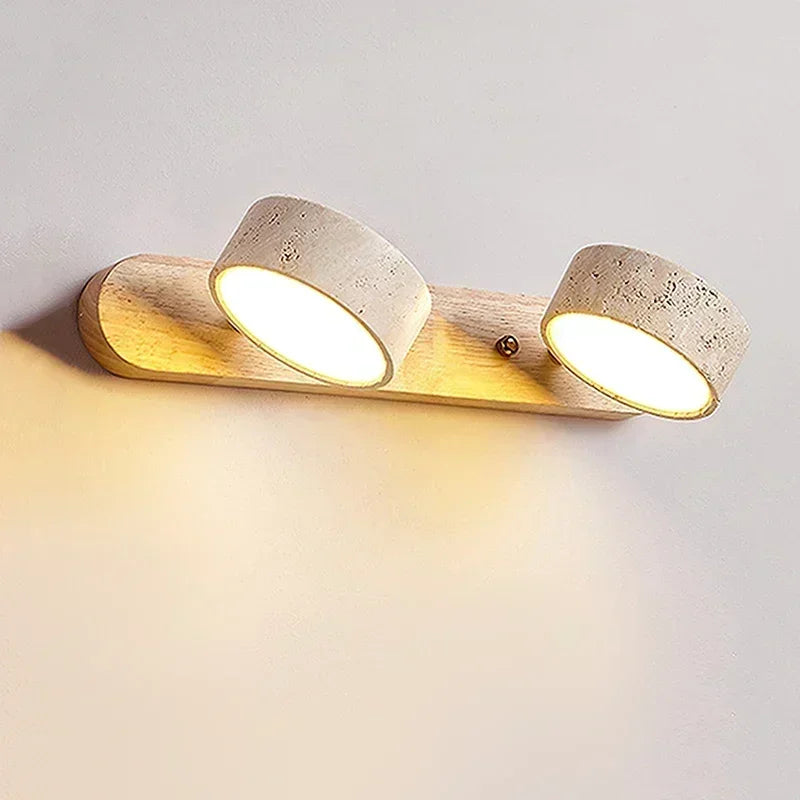 StoneBar Travertine Wall Light — Wood & Stone LED Vanity Bar, 2/3/4 Heads, Wabi-Sabi
