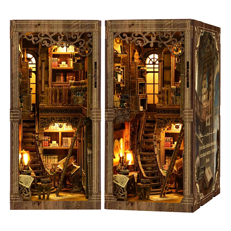 Book Nook Kit DIY Miniature Library Room, Wooden Bookshelf Insert with LED Light, 3D Puzzle for Adults