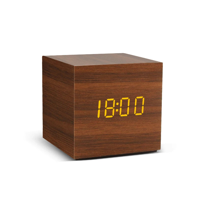 Sound-Activated Wooden Alarm Clock — LED Display with Temperature, Snooze & 3 Alarms — WoodCube