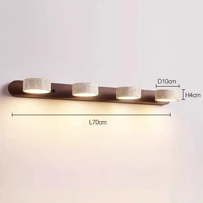 StoneBar Travertine Wall Light — Wood & Stone LED Vanity Bar, 2/3/4 Heads, Wabi-Sabi