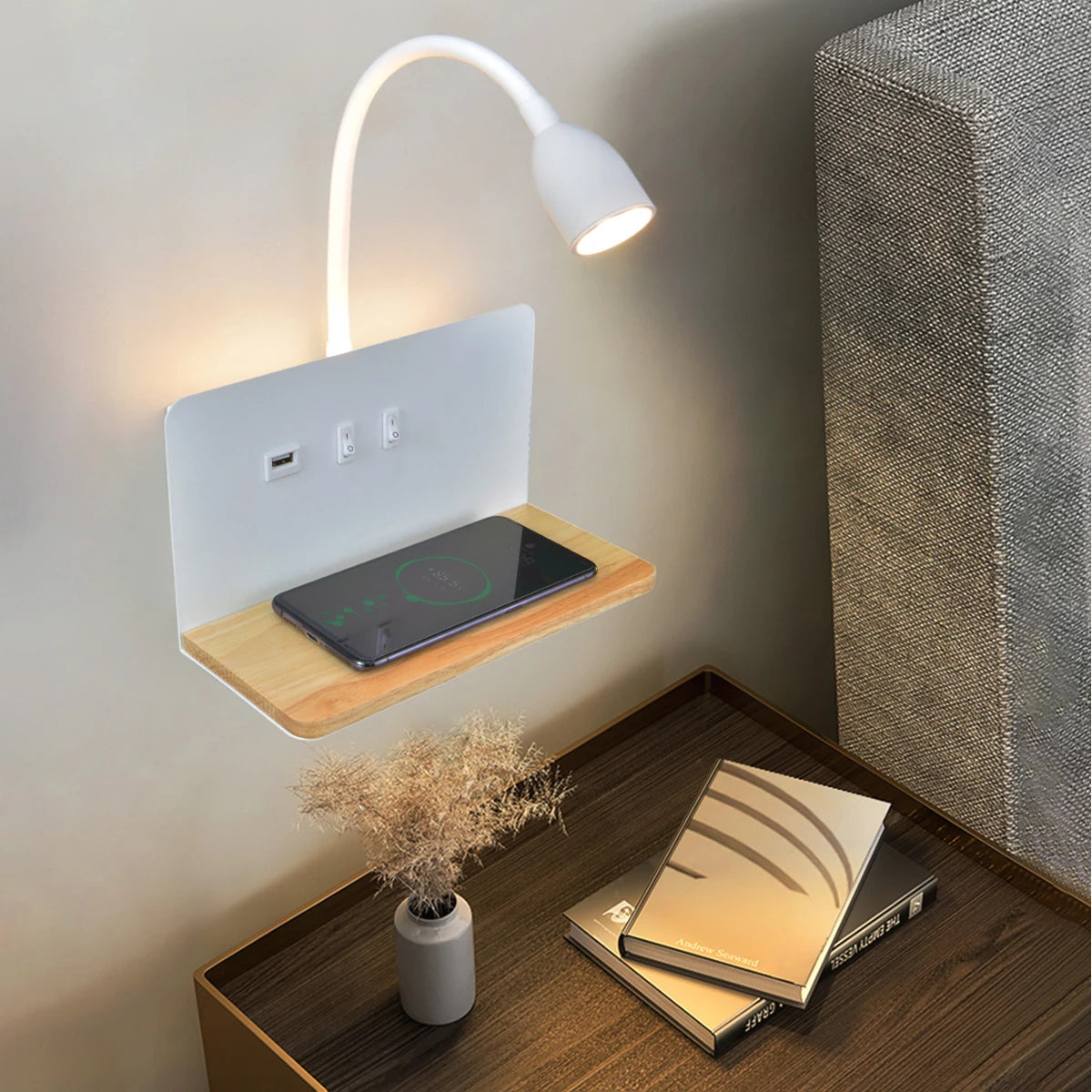 DeskGlow Wall Lamp — Bedside LED Light with Wireless Qi Charging, USB Port & Shelf, Plug-In