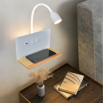 DeskGlow Wall Lamp — Bedside LED Light with Wireless Qi Charging, USB Port & Shelf, Plug-In