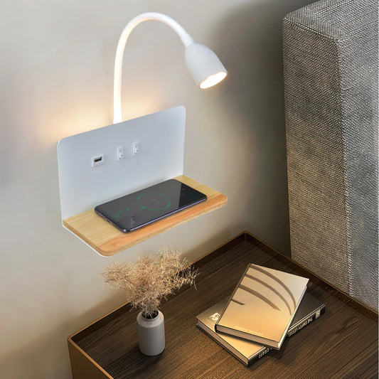 DeskGlow Wall Lamp — Bedside LED Light with Wireless Qi Charging, USB Port & Shelf, Plug-In