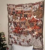 Holiday Carnival woven Christmas tapestry throw blanket hanging on a wall