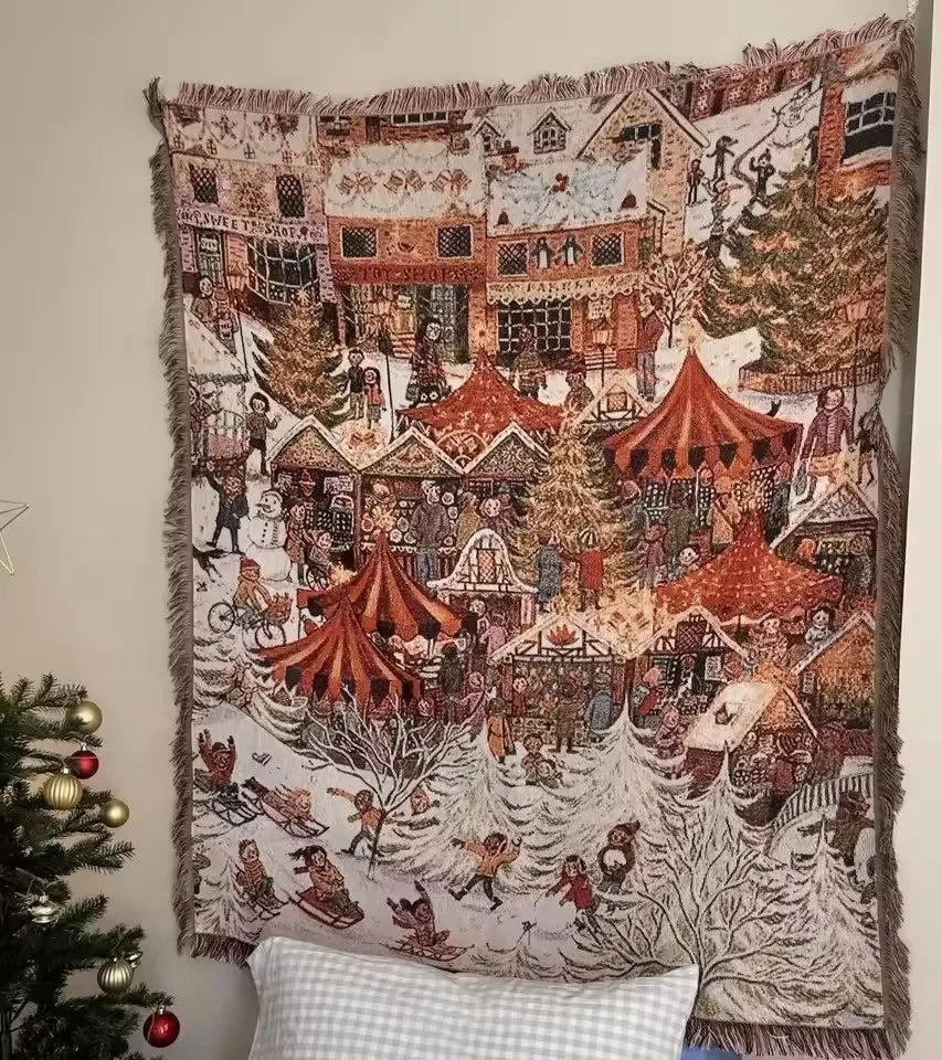 Holiday Carnival woven Christmas tapestry throw blanket hanging on a wall