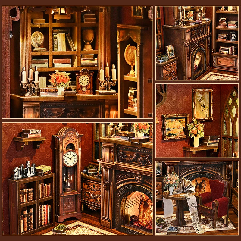 Book Nook Kit Twilight Library, DIY Miniature Library Bookshelf Insert with LED Light, Wooden Puzzle