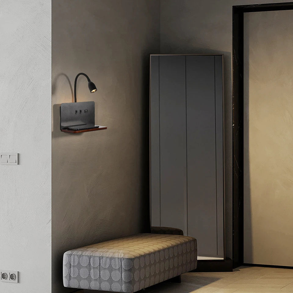 DeskGlow Wall Lamp — Bedside LED Light with Wireless Qi Charging, USB Port & Shelf, Plug-In