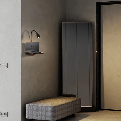 DeskGlow Wall Lamp — Bedside LED Light with Wireless Qi Charging, USB Port & Shelf, Plug-In
