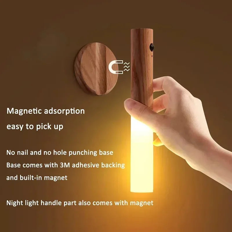 WoodGlow Motion Sensor Wall Light — Rechargeable, Magnetic, Dimmable Warm White, Wood Look