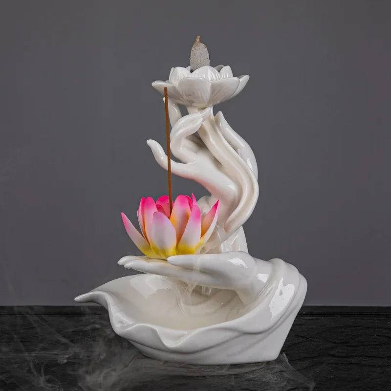 Celadon Ceramic Backflow Incense Burner, Lotus Incense Fountain and Stick Holder, Zen Decor