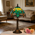 Tiffany Style Table Lamp Dragonfly Stained Glass, Green Bedside Lamp, Vintage Accent Lamp, US Plug