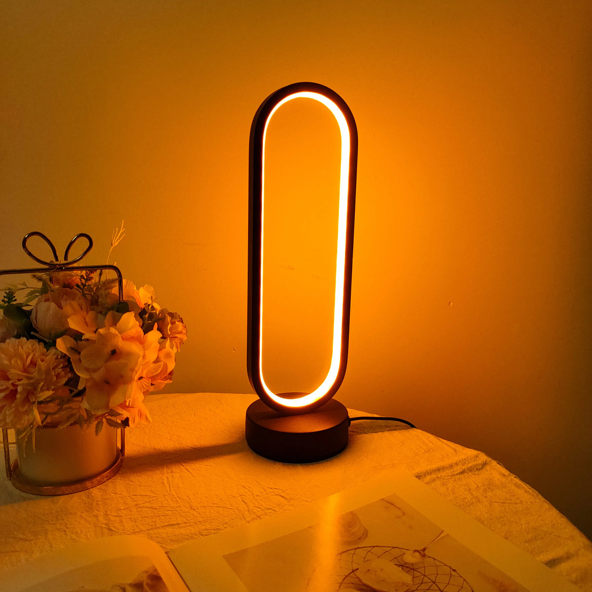 Modern Ring Table Lamp, 3-Color Dimmable LED Bedside Lamp, Minimalist Black Nightstand Light