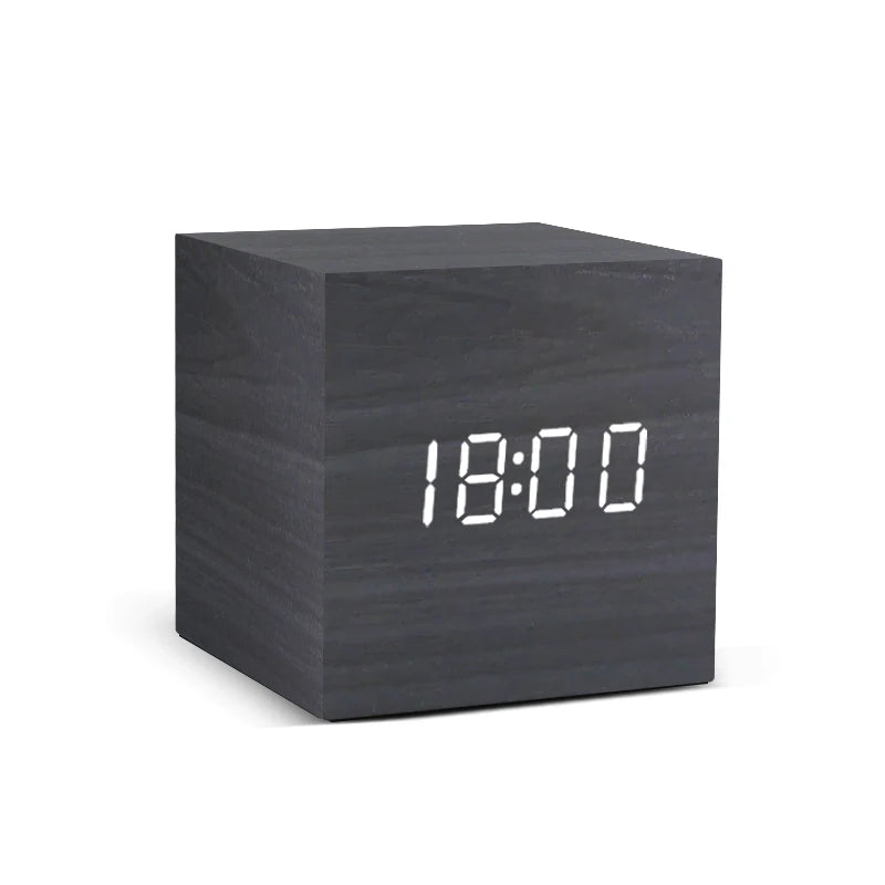 Sound-Activated Wooden Alarm Clock — LED Display with Temperature, Snooze & 3 Alarms — WoodCube