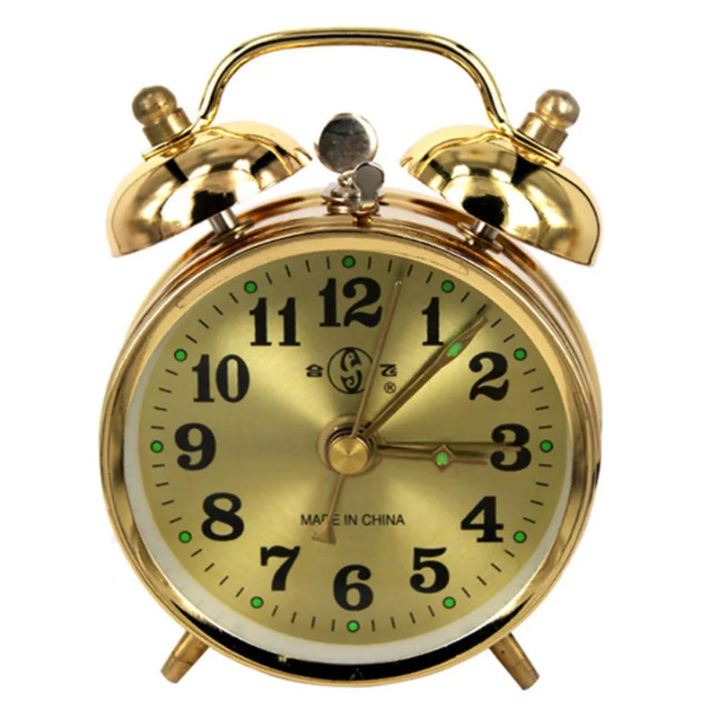 HeritageGlow Twin Bell Alarm Clock — Vintage Wind-Up Metal Desk Clock, Gold