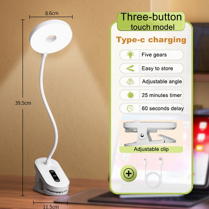 ClipGlow Rechargeable LED Desk Lamp — Clip-On, Touch Control, Dimmable, USB-C, Eye Care
