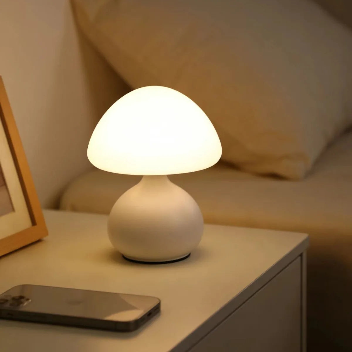 Minimalist Mushroom Table Lamp White, 3 Color Temperatures Stepless Dimming LED Bedside Lamp