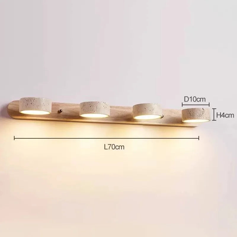 StoneBar Travertine Wall Light — Wood & Stone LED Vanity Bar, 2/3/4 Heads, Wabi-Sabi