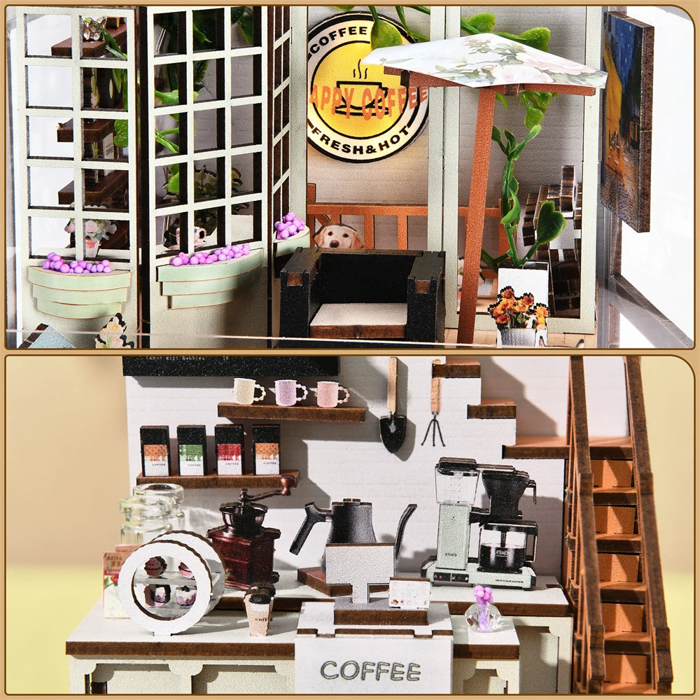 Book Nook Kit Coffee Shop, DIY Miniature House Bookshelf Insert with LED, Plant Room & Concert Options