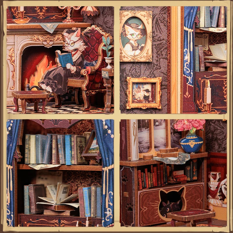 Book Nook Kit Cat Study Room, DIY Miniature Library Bookshelf Insert with LED Lights