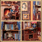 Book Nook Kit Cat Study Room, DIY Miniature Library Bookshelf Insert with LED Lights