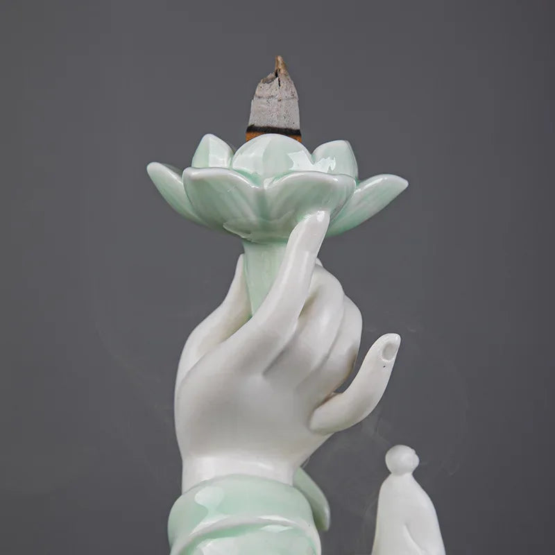Celadon Ceramic Backflow Incense Burner, Lotus Incense Fountain and Stick Holder, Zen Decor