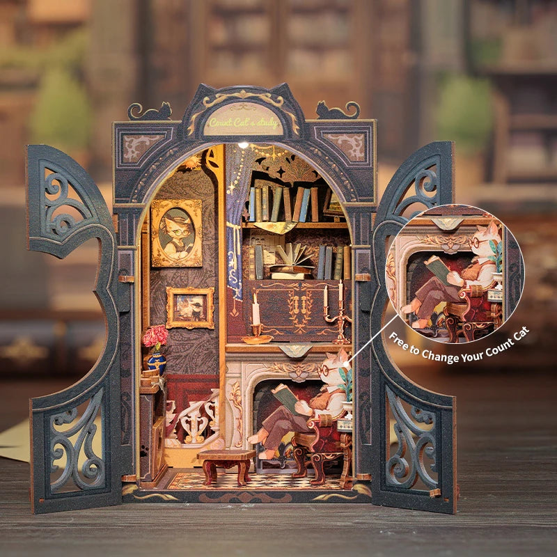 Book Nook Kit Cat Study Room, DIY Miniature Library Bookshelf Insert with LED Lights