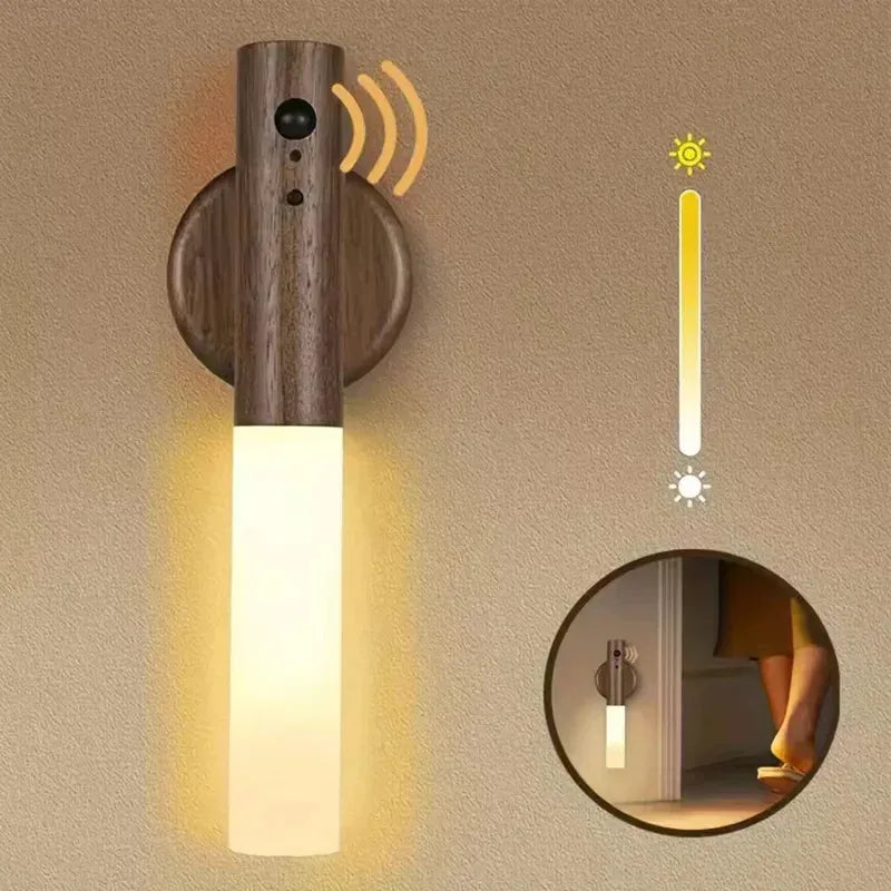 WoodGlow Motion Sensor Wall Light — Rechargeable, Magnetic, Dimmable Warm White, Wood Look