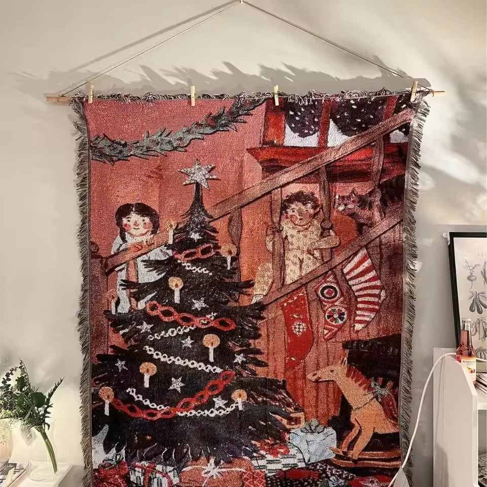 Christmas Eve woven tapestry throw hanging on a wall