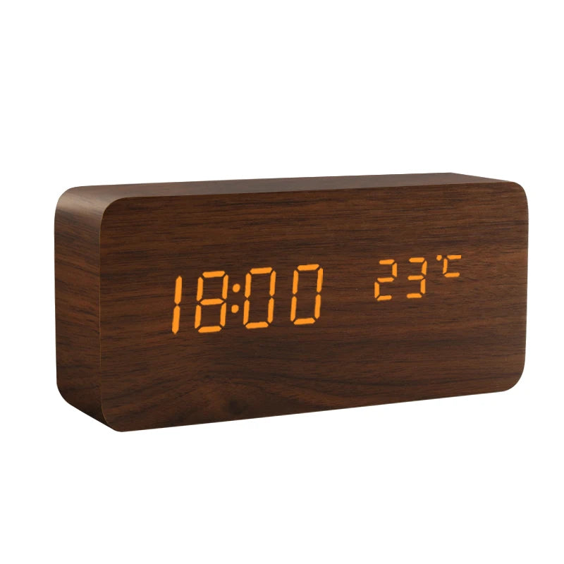 Sound-Activated Wooden Alarm Clock — LED Display with Temperature, Snooze & 3 Alarms — WoodCube