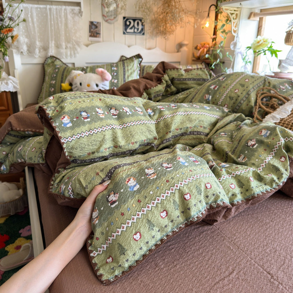 Sage Forest Kitty Aesthetic Bedding Set