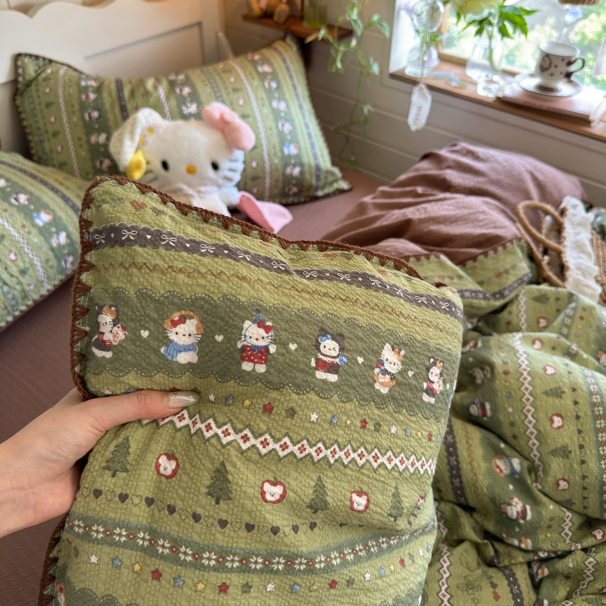 Sage Forest Kitty Aesthetic Bedding Set