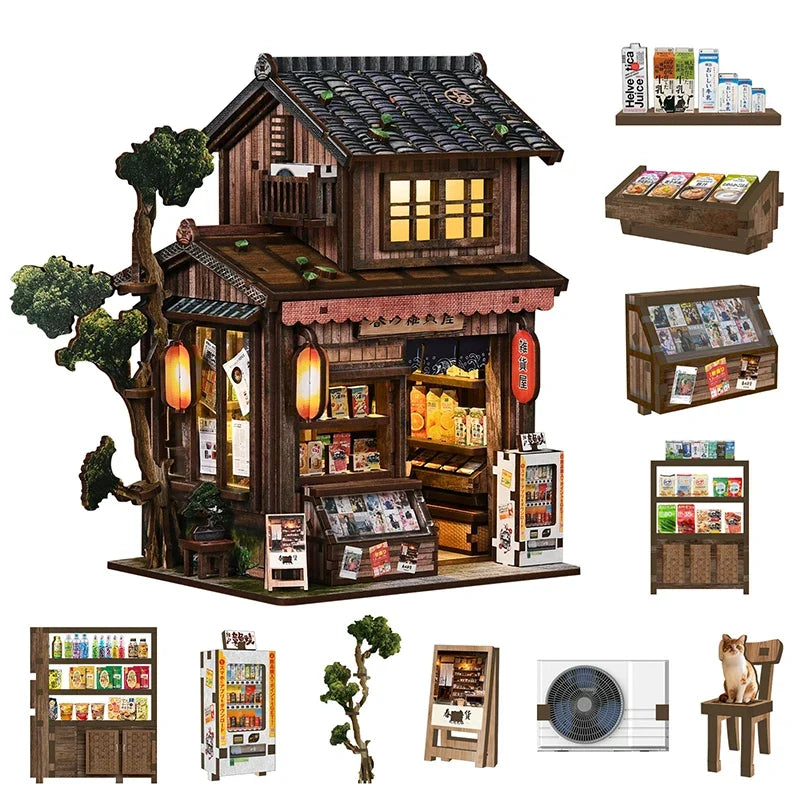 Kasuga Grocery Store DIY Miniature House Kit with LED Lights