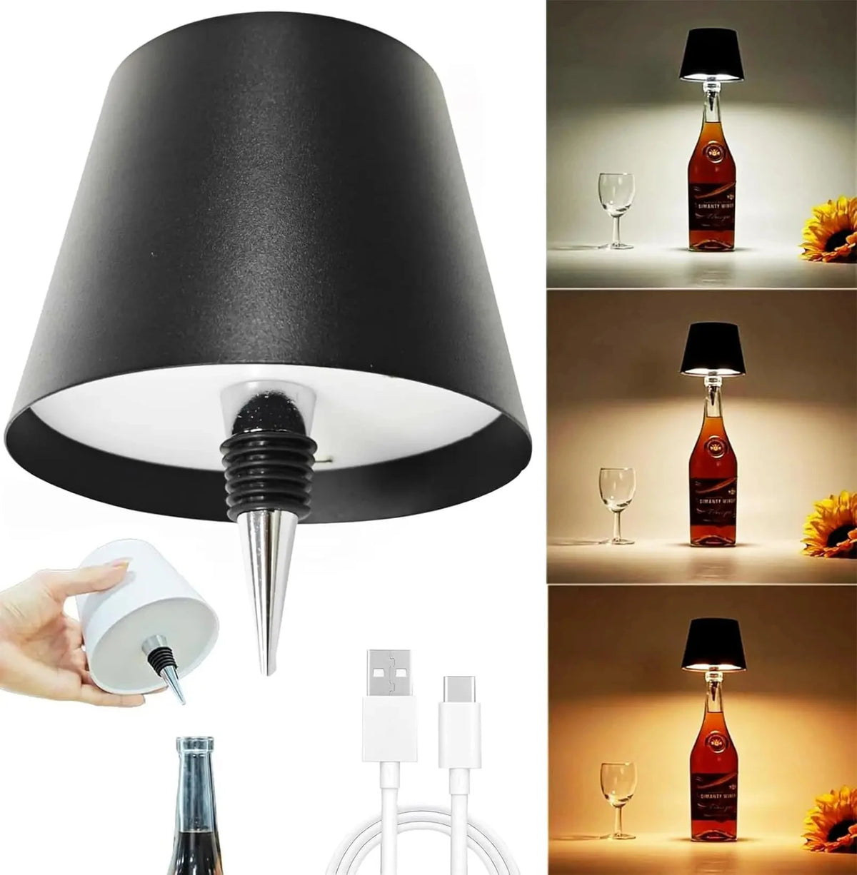 Wine Bottle Lamp Cordless Rechargeable, Bottle Top LED Light, Touch Dimmable 3 Colors, Gift