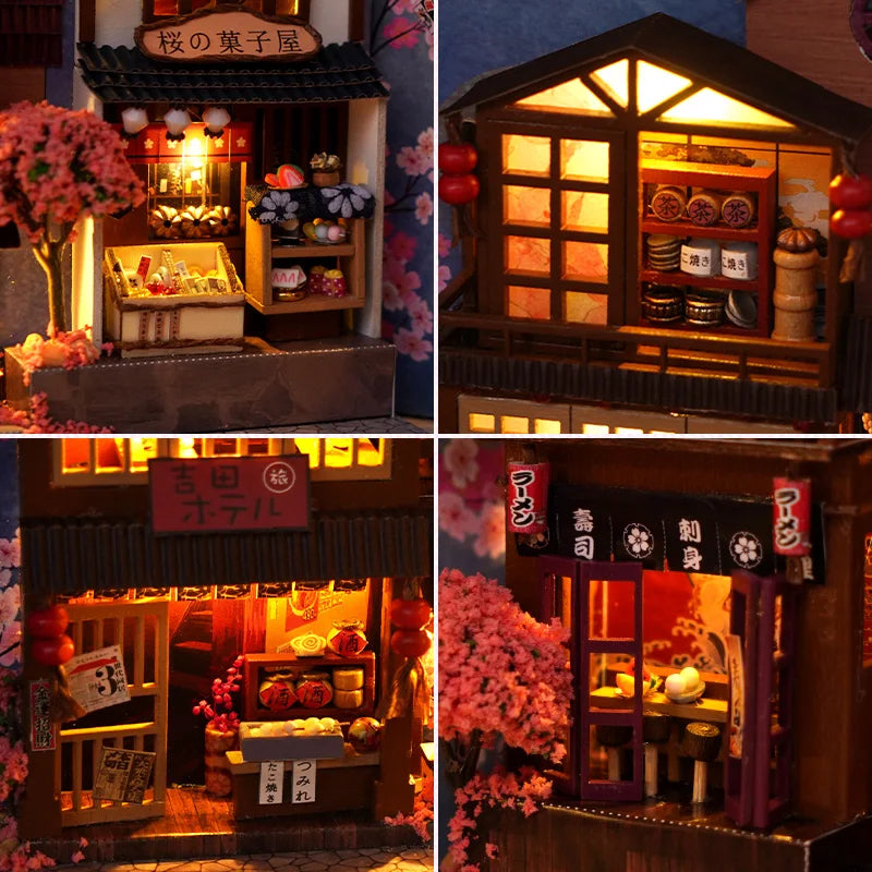 Book Nook Kit DIY Miniature Street Bookshelf Insert, Wooden 3D Puzzle with LED, Gift for Readers