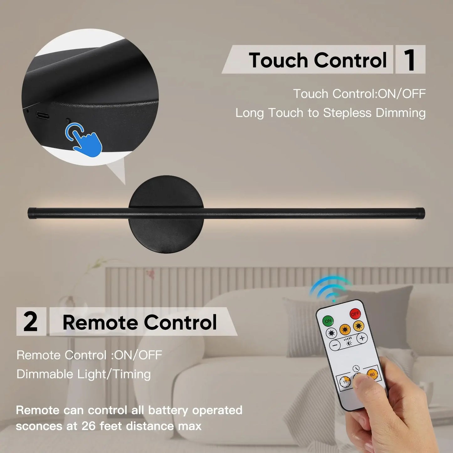 BarGlow Rechargeable Wall Sconce — LED, Touch & Remote, Dimmable, 3 Color Temps, No Wiring