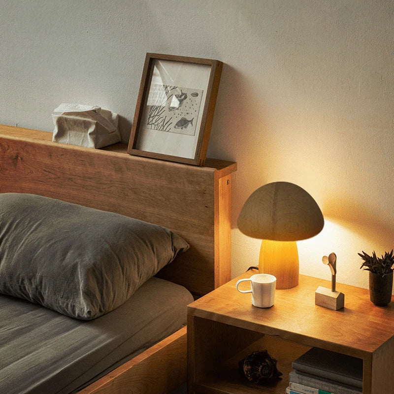 Wooden Mushroom Lamp Rechargeable, Walnut or Beech Wood Touch Dimmable Bedside Night Light