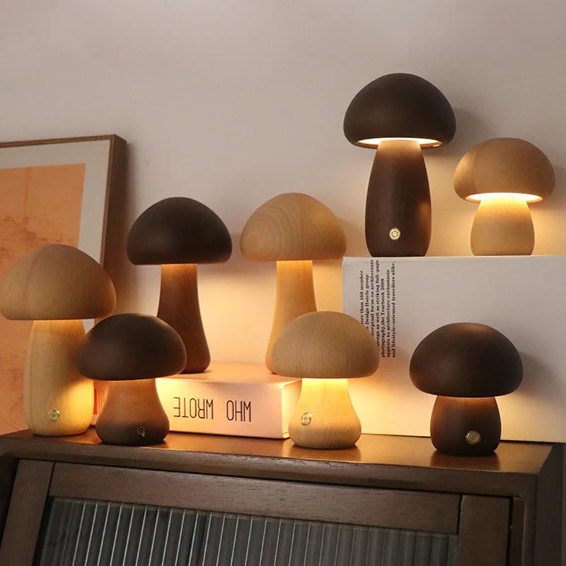 Wooden Mushroom Lamp Rechargeable, Walnut or Beech Wood Touch Dimmable Bedside Night Light