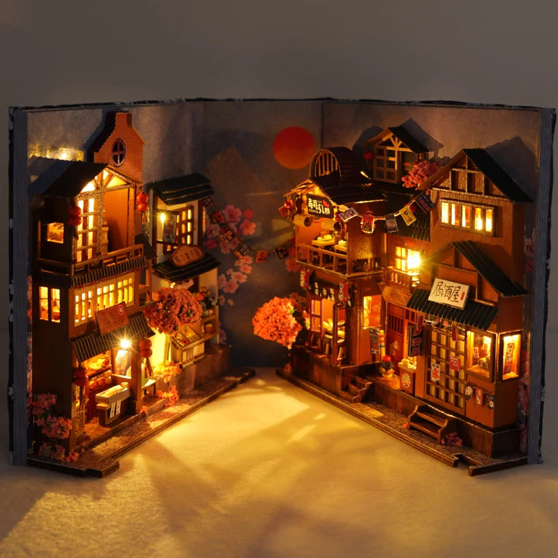Book Nook Kit DIY Miniature Street Bookshelf Insert, Wooden 3D Puzzle with LED, Gift for Readers