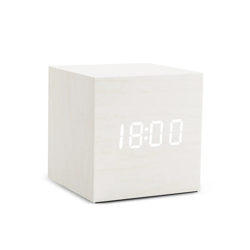 Sound-Activated Wooden Alarm Clock — LED Display with Temperature, Snooze & 3 Alarms — WoodCube