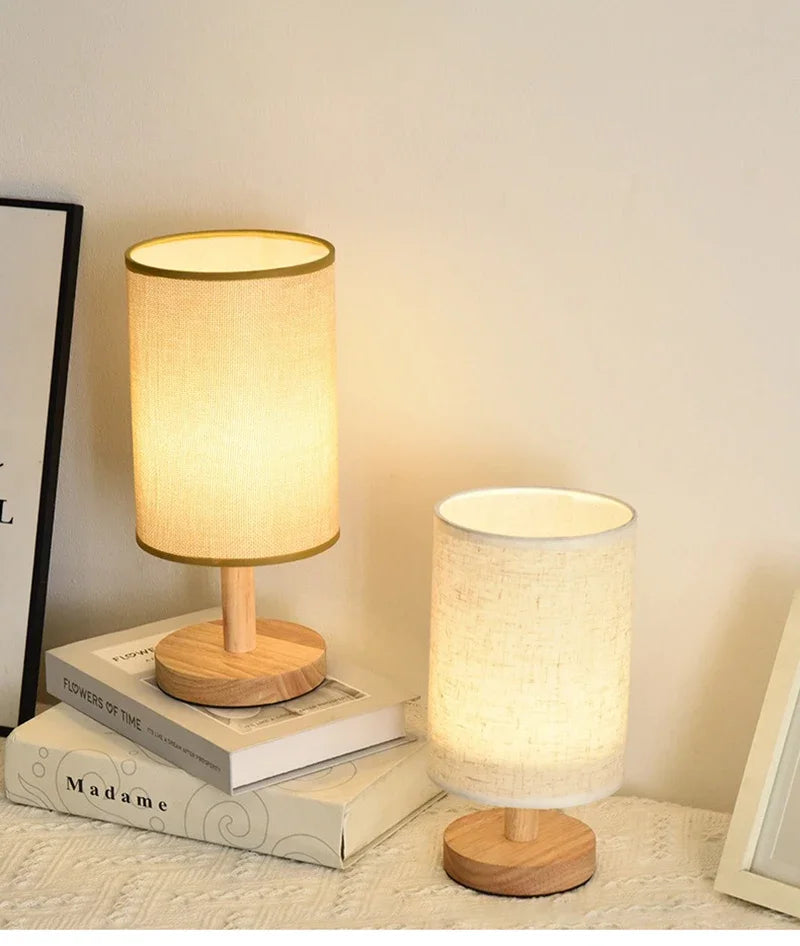 LinenGlow — Minimalist Bedside Lamp with Wood Base