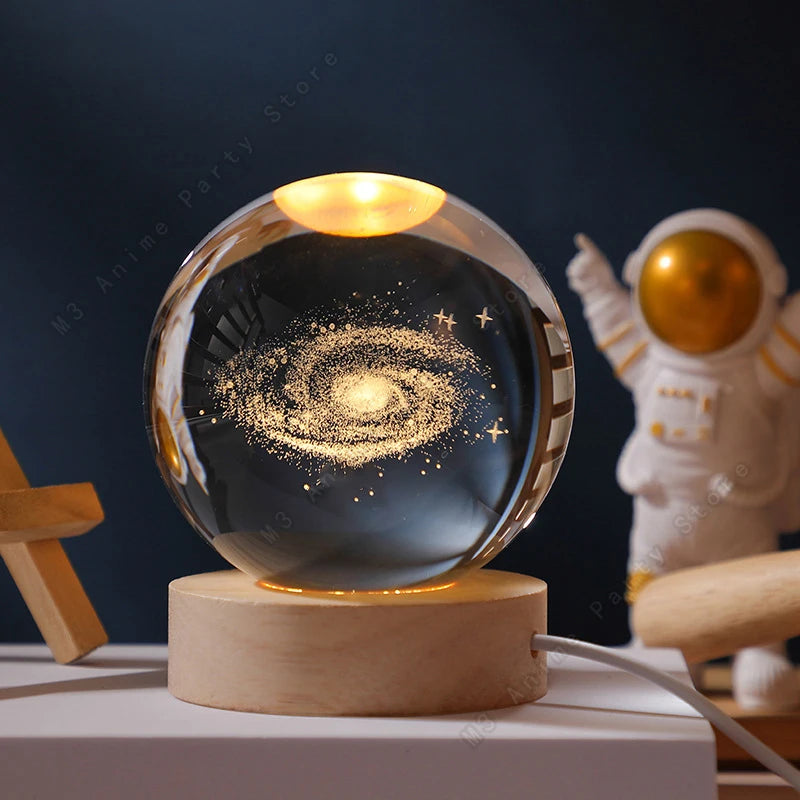3D Crystal Ball Night Light, Galaxy Solar System Moon Lamp with Wooden Base, USB Bedside Light