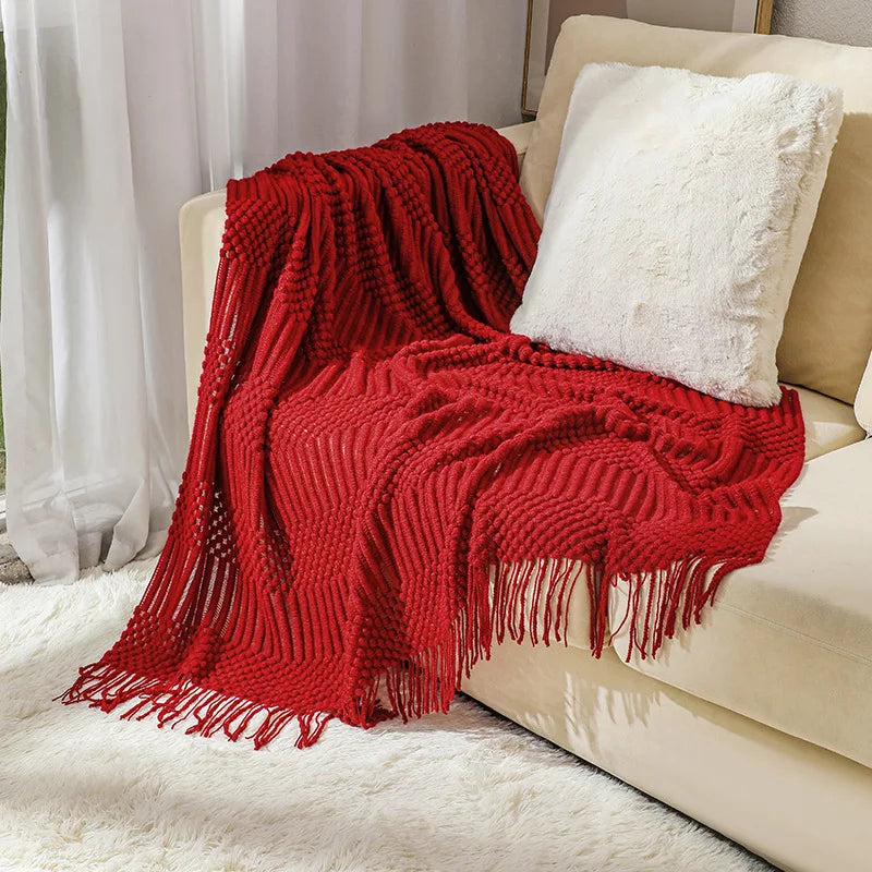 Knit Throw Blanket with Tassels, Chunky Farmhouse Throw for Couch and Bed, Soft Acrylic, 50x68 in