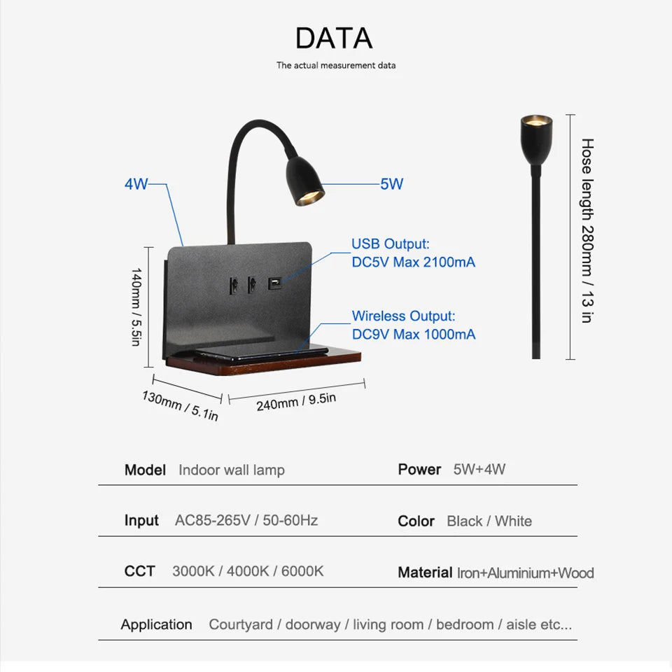 DeskGlow Wall Lamp — Bedside LED Light with Wireless Qi Charging, USB Port & Shelf, Plug-In