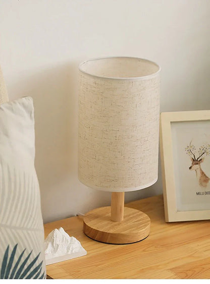 LinenGlow — Minimalist Bedside Lamp with Wood Base